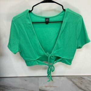 Green Ribbed Tie-Front Crop Top